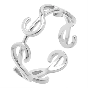 Close-up of a silver stainless steel adjustable open ring with hollowed musical pattern