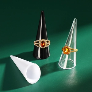 Conical plastic ring display stands in black, white, and transparent colors set