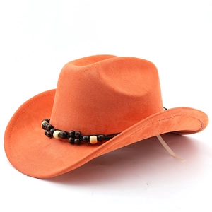 Detail of orange suede cowboy hat featuring handcrafted wooden bead decorative band