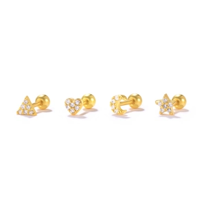 Golden 925 silver stud earrings set featuring star, moon, heart and triangle shapes