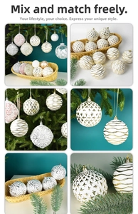 Detailed view of 8cm white and gold Christmas balls with intricate textures and hanging hooks