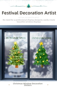 Detail of Christmas tree window decals on glass with festive snow background