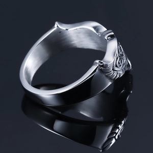 Vintage viking eagle stainless steel ring with silver totem carvings on black mirror