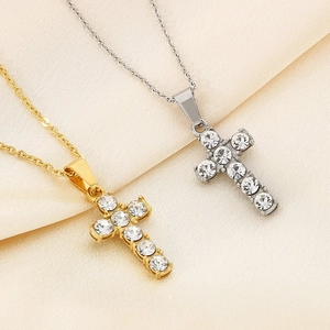 Gold and silver stainless steel cross pendant necklaces with sparkling zircon stones