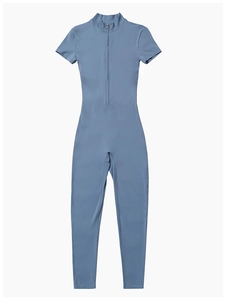 Detailed view of the gray-blue short sleeve yoga bodysuit with zipper and stand collar