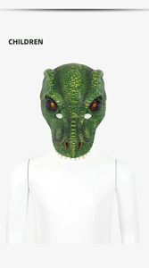 Macro detail of 3D green dinosaur mask showing realistic scale texture for children