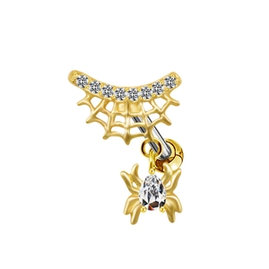 Piercing de nombril doré avec motif toile d'araignée et araignée pendante sertie de zircons