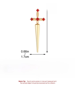 Detailed size specifications of the Gothic golden sword earring with red rhinestones
