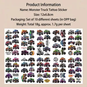 Tatouages temporaires monster truck pour enfants 12x6.8cm lot de 10 stickers aventure