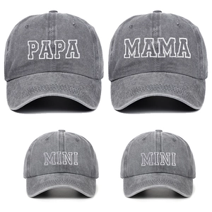 Detailed view of Papa Mama and Mini embroidered washed cotton baseball caps family set