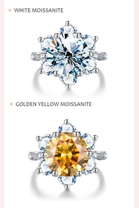 Detailed comparison of white and golden yellow moissanite rings in snowflake setting