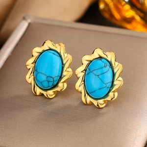 Vintage 18K gold plated heart stud earrings with blue turquoise inlay and floral edge