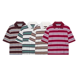 Detail of striped short-sleeve polo shirts showing various colors and button plackets