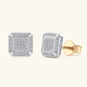 Macro detail of 10K gold and sterling silver square pave moissanite stud earrings