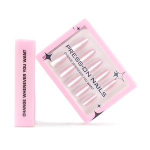 Press On Nails Almond Shape Pearlescent Pink Glossy Cat Eye Effect Elegant Fake Finger Nails