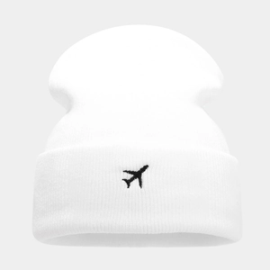 Berretto bianco in maglia a coste con ricamo di aereo nero per uomo e donna