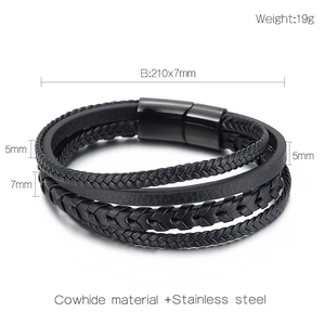 Detail showing multi-layer black leather braid with magnetic stainless steel clasp dimensions
