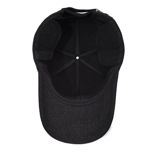 Men's winter wool baseball cap with ear flaps for warmth and protection in black