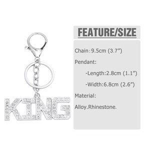 Detailed size chart for silver KING rhinestone keychain with alloy material specs