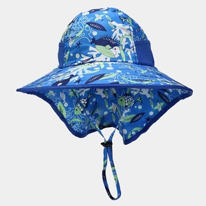 Detail of kids sun hat with neck flap, breathable mesh side, and cartoon sea life pattern