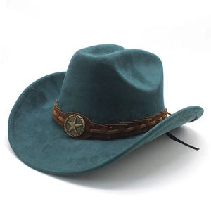 Classic dark green suede cowboy hat with brown braided band and vintage star emblem