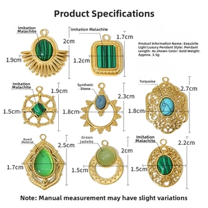 Size chart showing stainless steel gemstone pendants with precise width and height specs