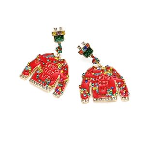 Christmas sweater earrings with colorful crystals and Let's Get Lit holiday slogan