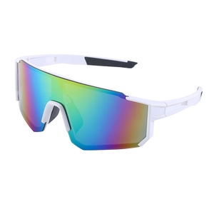 White frame cycling sunglasses with large colorful iridescent shield lens for outdoor sports