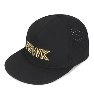 Black flat brim hip-hop hat with gold FEWK embroidery and laser-cut breathable holes
