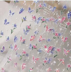 Detailed macro of holographic laser butterfly and flower nail art stickers with purple glow