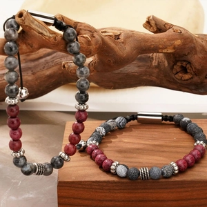 Men's natural tiger eye and wood beaded bracelets with magnetic clasp on rustic wood base