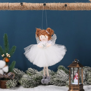 Exquisite Christmas angel ornament with white mesh skirt and silver glitter wings hanging