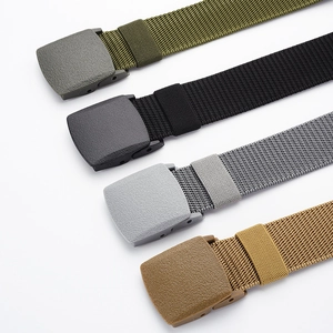 Tactical nylon outdoor belts with plastic buckles in green, black, gray, and khaki colors
