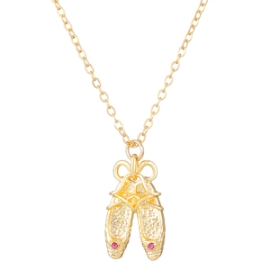 Elegant gold ballet pointe shoe pendant necklace featuring sparkling pink gemstones