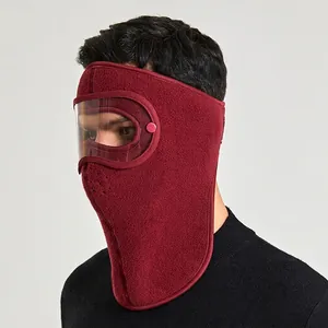 Deep red fleece thermal face mask with detachable goggles for outdoor winter sports