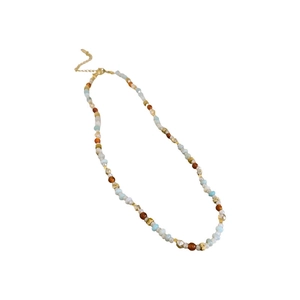 Ethnic style natural stone beaded necklace with blue and brown crystals and gold clasp