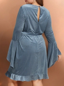 Blue V-neck dress with long flared sleeves and ruffled hem on an autumn mini dress