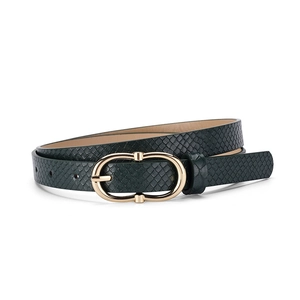 Deep green snakeskin pattern faux leather belt with golden oval buckle for women