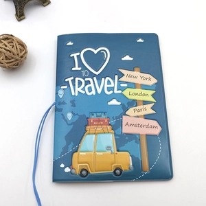 Blue PVC travel passport cover featuring world city names and Eiffel Tower souvenir prop