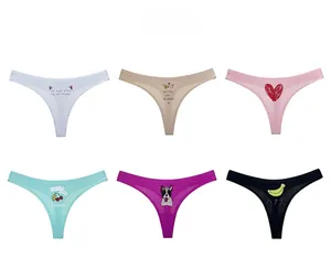 Six colors of seamless ice silk thong panties featuring cartoon prints for fitness sports
