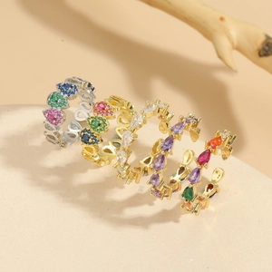 Geometric Open Adjustable Ring Copper 14K Gold Plated Colorful Cubic Zirconia Heart Hollow Minimalist Luxury For Women