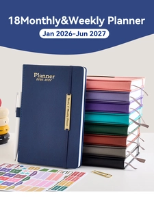Close-up of faux leather 2026-2027 weekly planner with texture and gold stamping detail