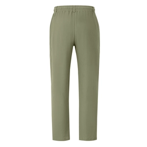 Detail view of the elastic waistband and textured linen fabric on military green trousers