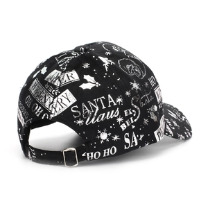 Black Christmas baseball cap with silver reflective Santa Claus patterns and metal buckle