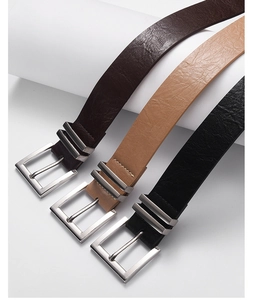 Three PU leather belts in dark brown, light brown, and black with classic silver buckles