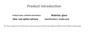 Detailed specifications for glass Christmas tree decorations with size and material info