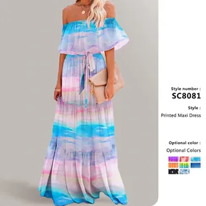 Off-Shoulder-Maxikleid Polyester Rüschen Blumendruck Gestuft Lagenlook Sommer Bohemian Damen