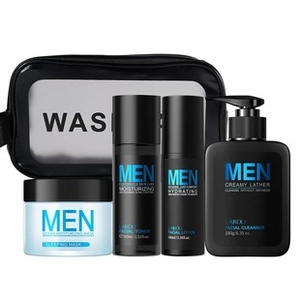 Men's skincare travel kit with cleanser, toner, lotion and mask in a black wash bag