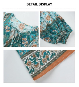 Détails de l'encolure en V et des motifs floraux sur une robe d'été bleu paon bohème