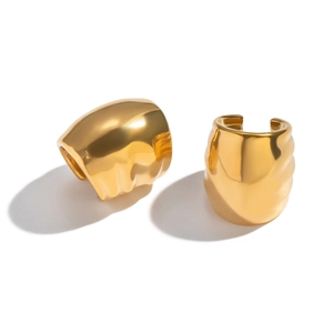 Minimalist wide gold geometric oval ear cuffs with a polished wavy surface for women